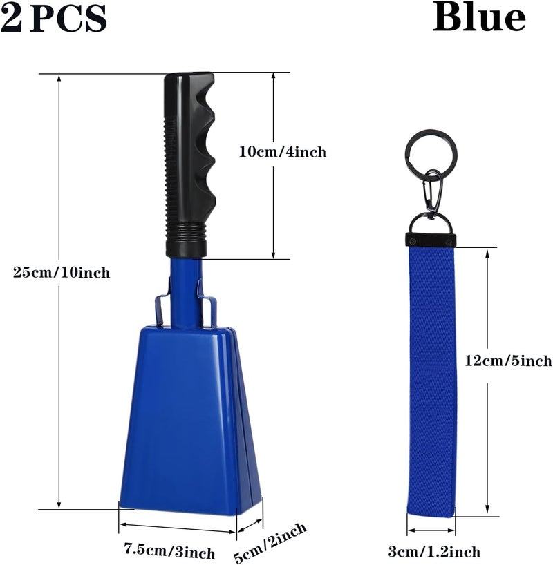 HEYLEAYAR 10Inch Cowbells with Handle for Sporting Events, 2Pcs Large Cow Bells with Wrist Straps, Loud Noise Makers for Cheering Football Games Spirit Marathon Weddings Party Noisemakers, Blue - Image 2